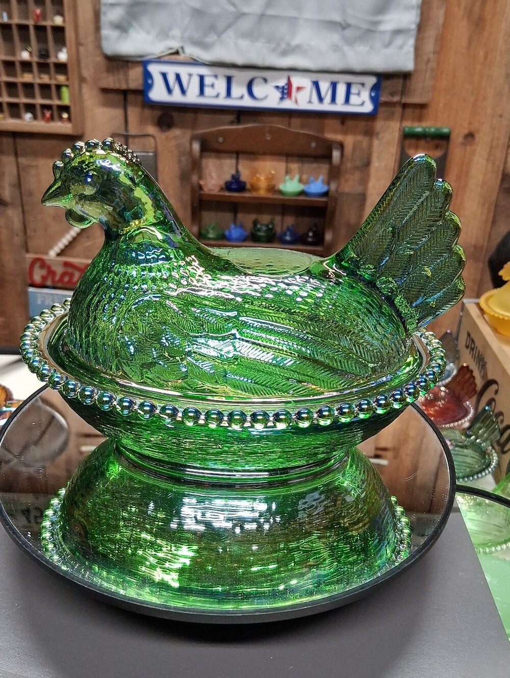 Iridecent Green.Carnival Glass Hen On Nest    - Vintage Style